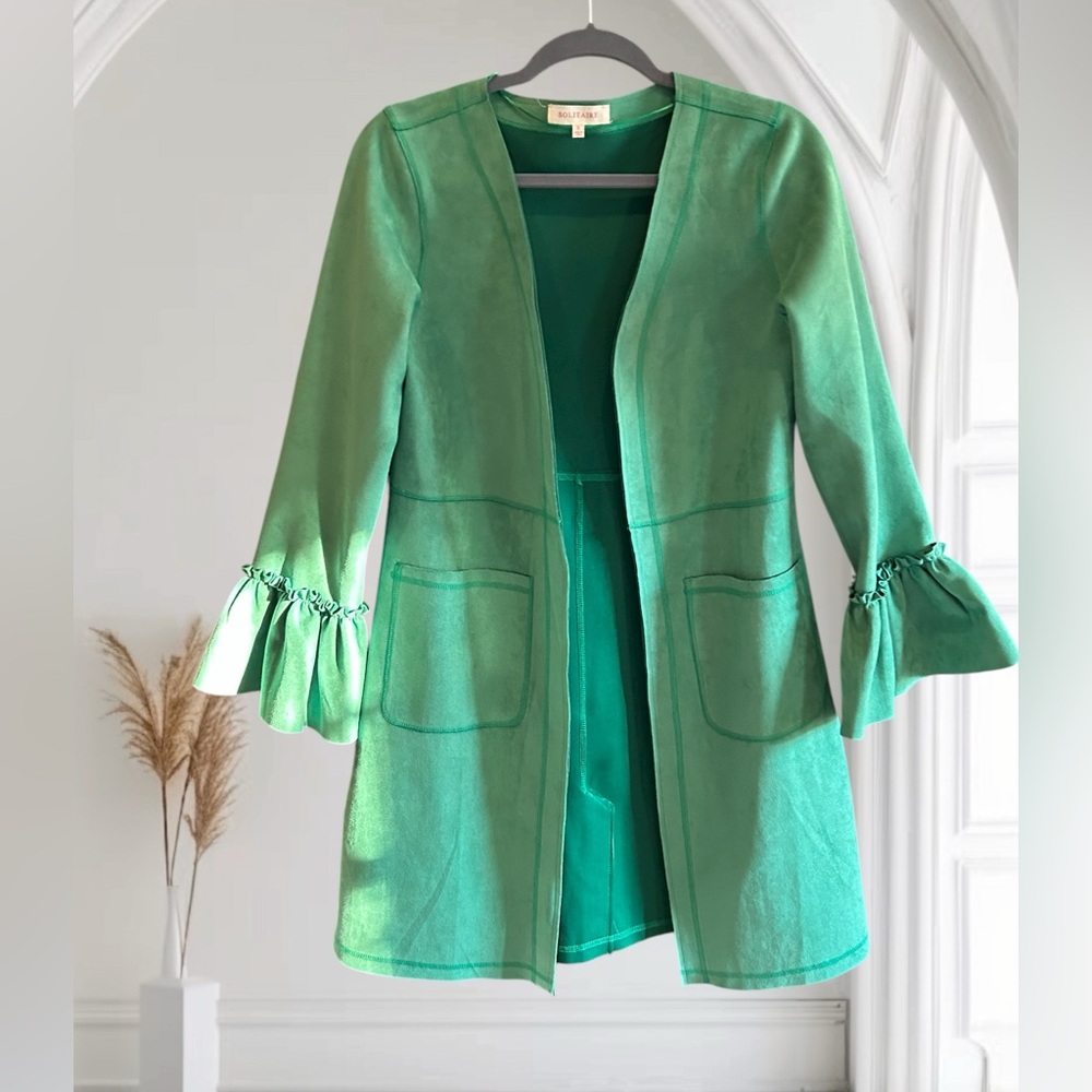 SOLITAIRE Green Faux Suede Jacket Ruffle Bell Sleeves S